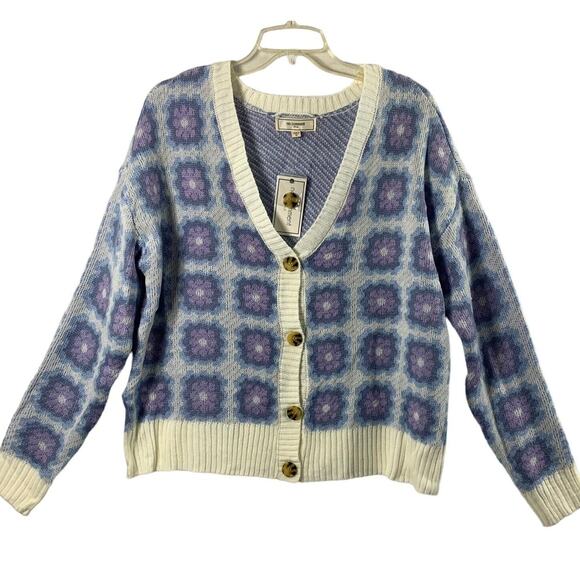 No Comment Cardigan Sweater Womens Medium Blue White Purple Floral Artsy NWT - Picture 1 of 9